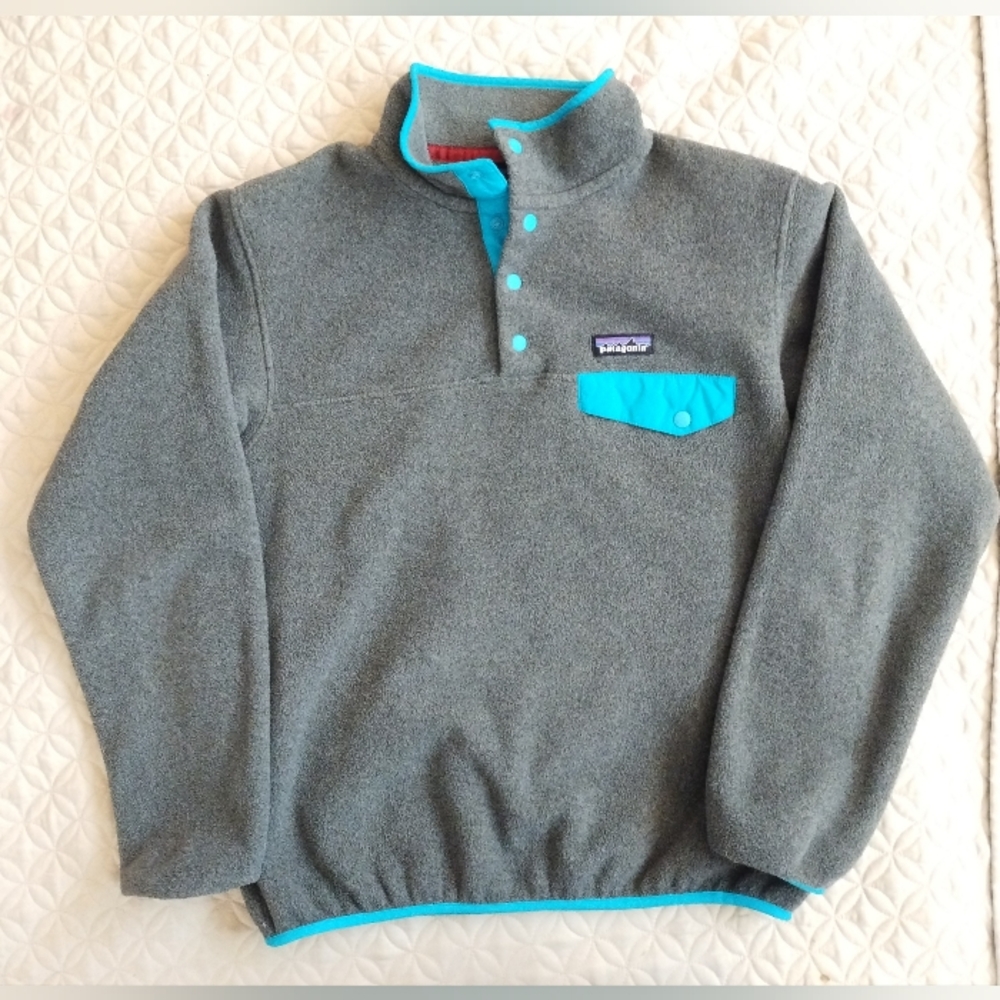 Patagonia Fleece Synchilla Jacket Womens Mock Neck Cozy Pullover Gray Teal